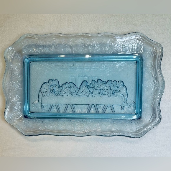 Vintage Blue Tiara Last Supper Bread Plate Platter Indiana Glass Tray Large - Picture 3 of 5